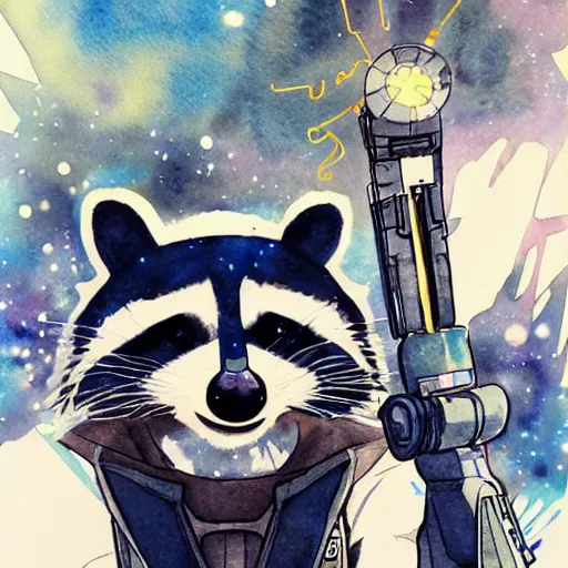 Image similar to racoon holding a laser gun, guardians of the galaxy style, centered award winning watercolor pen drawing, by caroline choi, edited by range murata