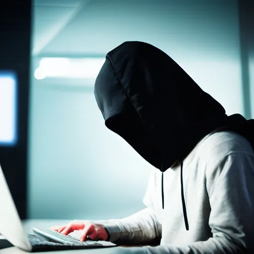 Prompt: realistic photo of hacker, black background, hood, face doesn't visible, computer, extremely detailed, sharp focus, front view, minimalism, masterpiece,