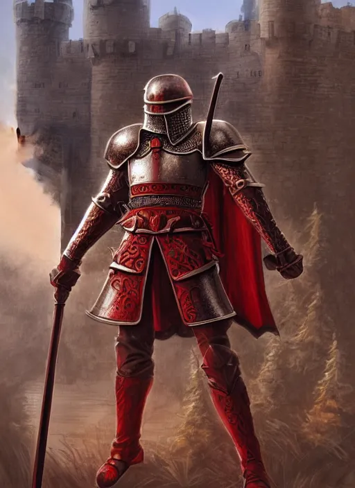 Prompt: A single Red Knight standing guard over the castle's gate, fantasy, artstation, highly detailed, 4k, digital painting, portrait by Larry Elmore