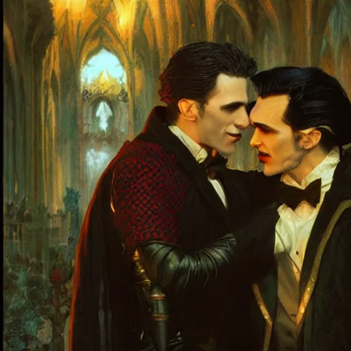 Image similar to attractive male, arthur pendragon confesses his love to attractive male dracula the vampire. highly detailed painting by gaston bussiere, craig mullins, j. c. leyendecker 8 k