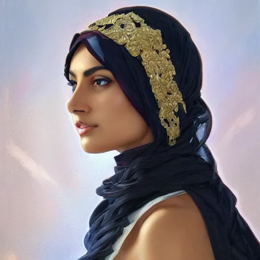 Image similar to faceshot of modern tanned Ameera al-Taweel, blue eyes, wavy black hair, white veil, highly detailed, digital painting, artstation, concept art, smooth, sharp focus, illustration, trending on ArtStation, art by artgerm and greg rutkowski and alphonse mucha and J. C. Leyendecker and Edmund Blair Leighton and Katsuhiro Otomo and Geof Darrow and Phil hale and Ashley wood and Ilya repin and Charlie Bowater