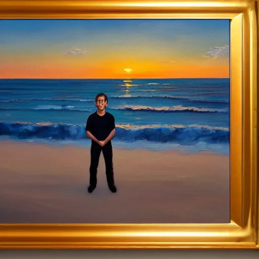 Image similar to an influencer teen guy portrait, sunset, ocean in distance, oil painting, pale colors, high detail, 8 k, wide angle, trending on artstation,