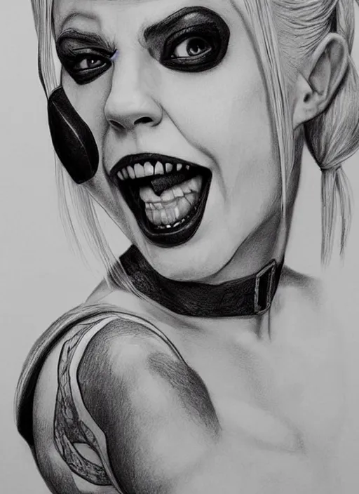 Image similar to a pencil drawing of harley quinn, insanely detailed