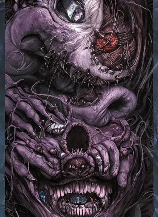 Image similar to Alice in Wonderland Cheshire Cat Death Tarot card,highly detailed,half skull face,cinematic,8k,by Stanley Artgermm,Tom Bagshaw,Greg Rutkowski,Carne Griffiths, Ayami Kojima, Beksinski, Giger,trending on DeviantArt,hyper detailed,horror, full of colour