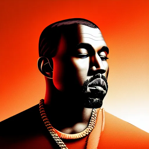 Image similar to a photo of kanye west by pixar, detailed, dynamic perspective, afrofuturistic, orange sky, realistic shading, mixed media, rendered in renderman