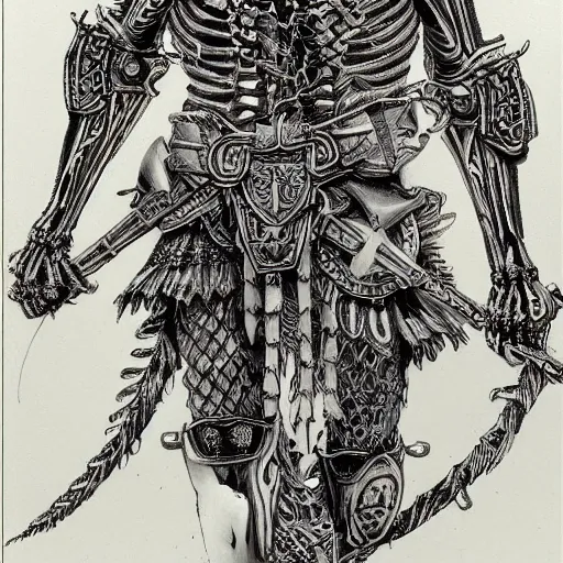 Image similar to skeleton warrior with a very ornamentated armor, very detailed, complex drawing, hyperdetailed, renascement, monochrome, albert durero style