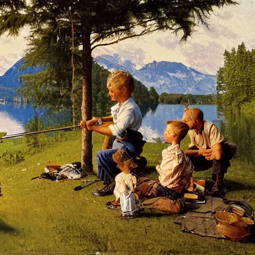 Prompt: painting of a blonde boy with blue eyes and his mother and father, fishing next to a high lake in Switzerland, forest, tent, golden hour, by Norman Rockwell,