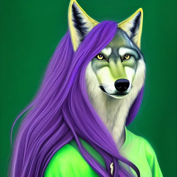 Image similar to a digital painting of an anthropomorphic female wolf fursona with long violet hair wearing a green dress, symmetry, focus, furry, soft lighting, oil on canvas, hyper detailed