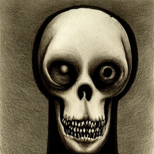 Image similar to humanoid with crooked teeth, two black eyes, long gaping mouth, alien looking, big forehead, horrifying, killer, creepy, dead, slightly realistic, long neck, boney, monster, tall, skinny, skullish, deathly, in the style of alfred kubin