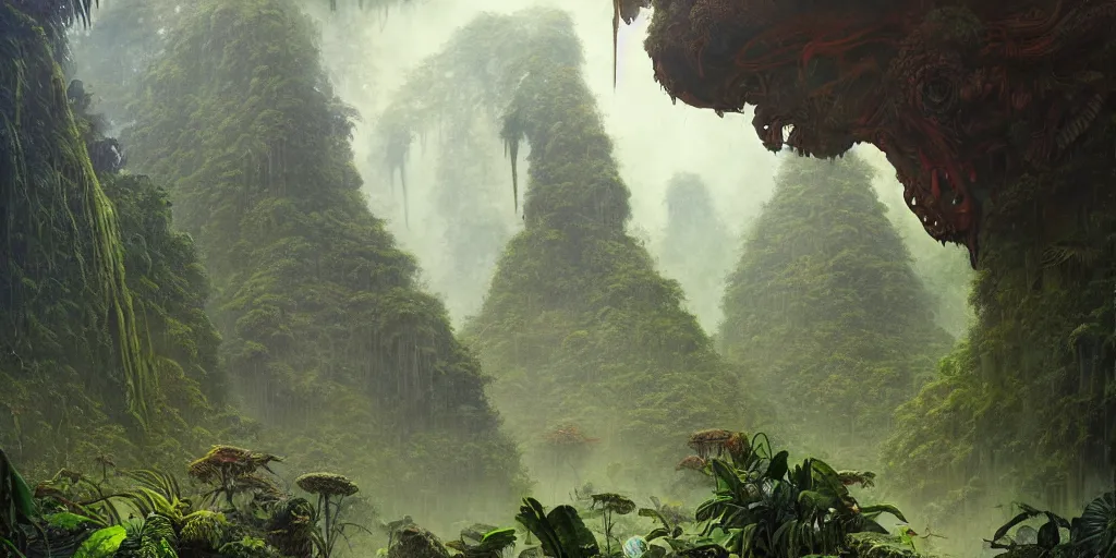 Image similar to a expressive landscape of mayan ancient jungle, artstation, award - winning realistic sci - fi concept art by jim burns and greg rutkowski, beksinski, a realism masterpiece, expressive color palette, james gilleard, bruegel, alphonse mucha, and yoshitaka amano