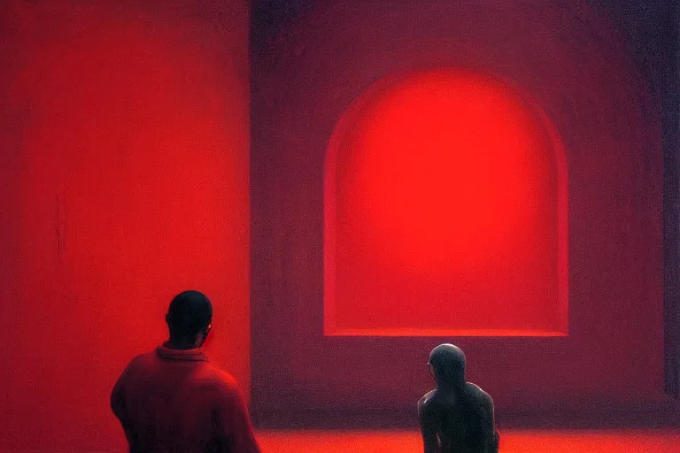 Image similar to only with red, netflix studios with workers, a big mickey mouse head in the middle of the room, in the style of beksinski, parts by edward hopper, parts by rodcenko, parts by yue minjun, intricate and epic composition, red by caravaggio, insanely quality, highly detailed, masterpiece, red light, artstation, 4 k