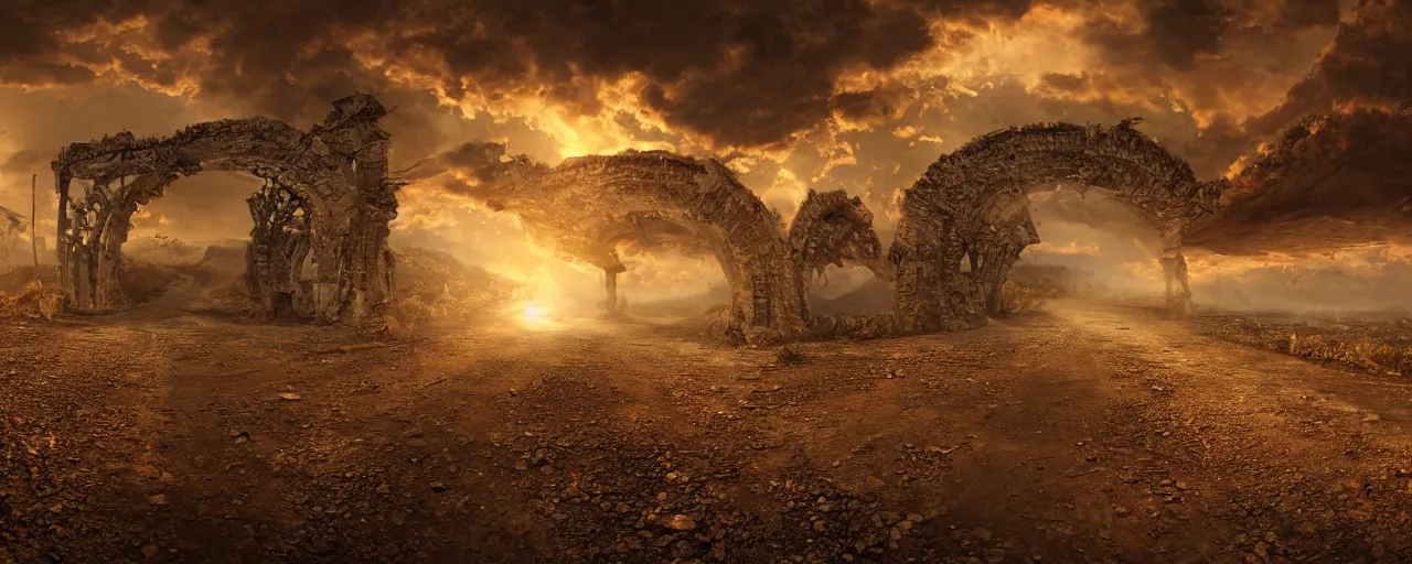 Prompt: an old road to nowhere, a portal in the middle to chaotic hellscape, golden hour, dust is flowing in layers masterpiece 4k, intricate details, realistic, panoramic view, Hyperdetailed, 8k resolution, photorealistic