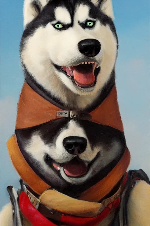 Image similar to a portrait painting of a husky in cowboy costume, anime, furry, humanoid, personify, anthropomorphic