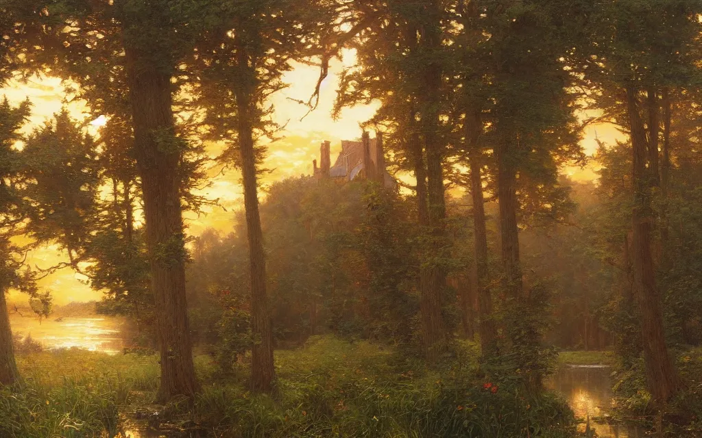 Image similar to a detailed oil painting by john williams waterhouse, thomas kincade, michael whelan and donato giancola of a swiss chalet with trees, hyper detailed, hd, artstation, beautiful sunrise lighting, surrounded by trees