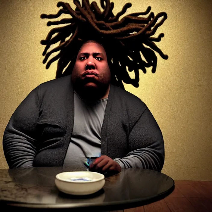 Prompt: hyperrealistic mixed media portrait of a moridly obese black man with dreads being sitting alone at a restaurant, depressing and hopeless vibe, stunning 3d render inspired art by P. Craig Russell and Barry Windsor-Smith + perfect facial symmetry + dim volumetric lighting, 8k octane beautifully detailed render, post-processing, extremely hyperdetailed, epic composition, grim yet sparkling atmosphere, cinematic lighting + masterpiece, trending on artstation