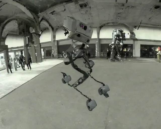 Image similar to camera footage of a Darpa Robots trying to stop skateboarders in an abandoned shopping mall, high exposure, dark, monochrome, camera, grainy, CCTV, security camera footage, timestamp, zoomed in, fish-eye lense, Robot, Skateboarding, Drone, Intense, Darpa,