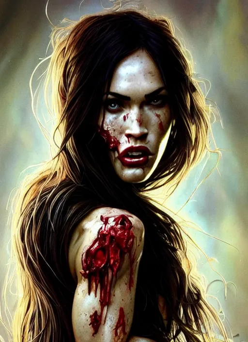 Prompt: portrait of megan fox as bloodthirsty damaged toothsome zombie, once upon a time, open mouth with sharp bloody teeth, intricate, headshot, highly detailed, digital painting, artstation, concept art, sharp focus, cinematic lighting, illustration, art by artgerm and greg rutkowski, alphonse mucha, cgsociety