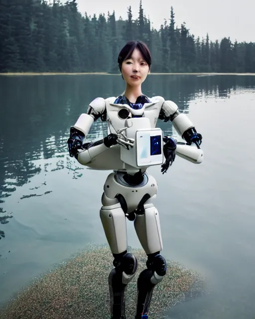 Prompt: beautiful centered photo portrait of hoyeon jung as a solarpunk robotic humanoid with white mechanical parts with bright halogen lights, walking through calm lake water, ultra - realistic and detailed, foggy background, soft focus, slow exposure hdr 8 k