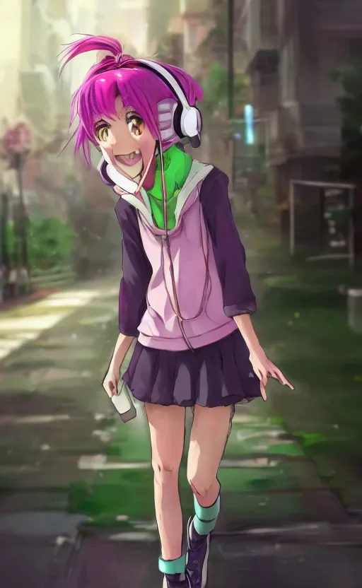 Image similar to anime girl with pink ponytail, wearing purple headphones, wearing a green sweater, with a smile on her face and her eyes closed, walking down a street, dynamic lighting, photorealistic fantasy concept art, trending on art station, very detailed, anime concept art, stunning visuals, creative, cinematic, ultra detailed