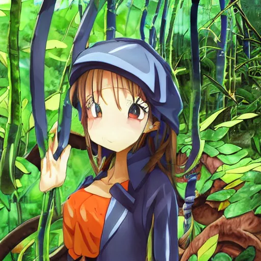 Prompt: anime girl wearing a rain coat in a jungle