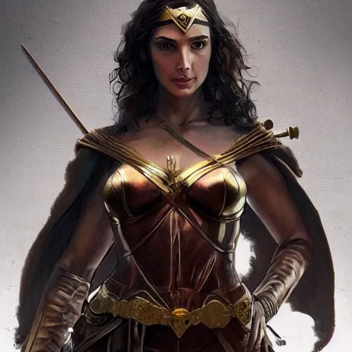 Prompt: highly detailed steampunk gal gadot standing, cape, bo staff : leonardo da vinci, greg rutkowski, magali villeneuve