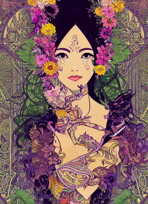 Image similar to !!! very coherent!!! vector art, beautiful floralpunk balinese cyborg portrait girl female illustration detailed patterns art of bali traditional dress, flower pop art, floral splash painting, art by ashley wood, alphonse mucha, makoto shinkai, geof darrow, dark shadow