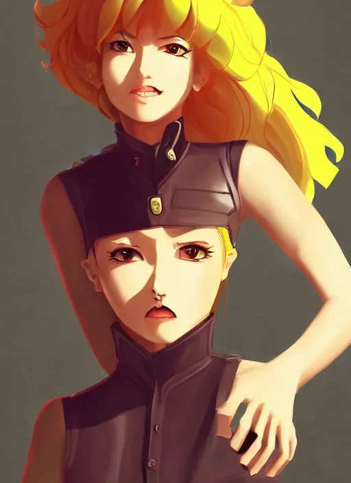 Image similar to full size persona, female sheriff, detail, ultra sharpness, beautiful female, detailed face, art by huyy nguyen, style by cain kuga, cowboy bebop art style, 3 2 beautiful color palettes with their corresponding gradient