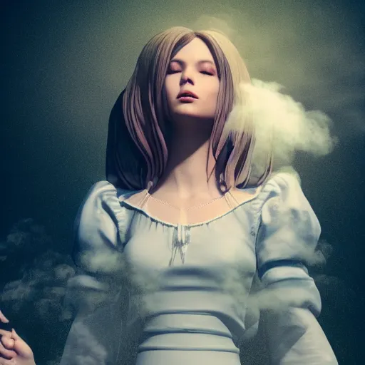 Image similar to beautiful girl in full gown blowing clouds, beautiful portrait, character concept style trending on artstation concept art detailed octane render cinematic photo - realistic 8 k high detailed