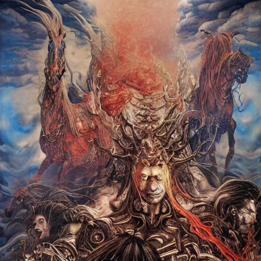 Prompt: realistic detailed image of horsemen of the apocalypse, night, by Ayami Kojima, Amano, Karol Bak, Greg Hildebrandt, and Mark Brooks, Neo-Gothic, gothic. Beksinski painting, part by Adrian Ghenie and Gerhard Richter. art by Takato Yamamoto. masterpiece