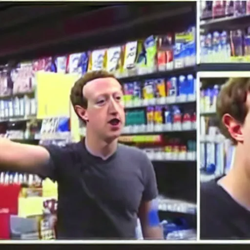 Image similar to cctv footage of mark zuckerberg robbing a convenient store holding a gun