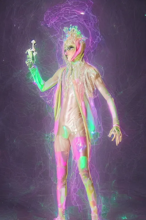 Image similar to full-body rococo and cyberpunk delicate neon crystalline sculpture of ((muscular slender albino prince Zayn Malik con la piroca dura)) as an iridescent humanoid deity wearing a thin see-through ((plastic hooded cloak)) sim roupa (holding a human skull), reclining con (((las piernas abiertas))), glowing pink face, crown of (((white lasers))), large diamonds, swirling black silk fabric. futuristic elements. oozing glowing liquid, full-length view. space robots. intricate artwork by caravaggio. Trending on artstation, octane render, cinematic lighting from the right, hyper realism, octane render, 8k, depth of field, 3D