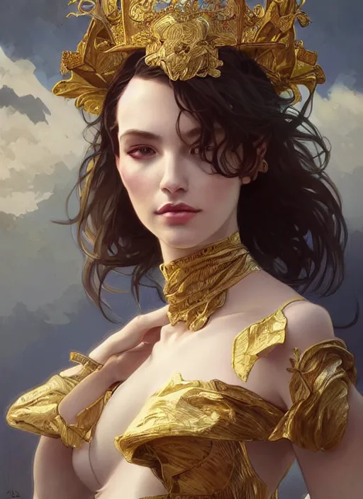 Image similar to portrait of a beautiful female wearing a fashion costume From Couture, upper and lower body, D&D, fantasy, intricate, elegant, highly detailed, digital painting, artstation, concept art, smooth, sharp focus, illustration, art by artgerm and greg rutkowski and alphonse mucha