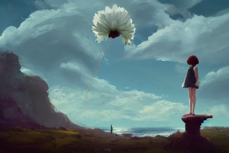 Image similar to giant white daisy flower as a head, girl standing on cliff, surreal photography, solar eclipse, stars, dramatic light, impressionist painting, clouds, digital painting, artstation, james gilleard, liam wong, jeremy mann, simon stalenhag