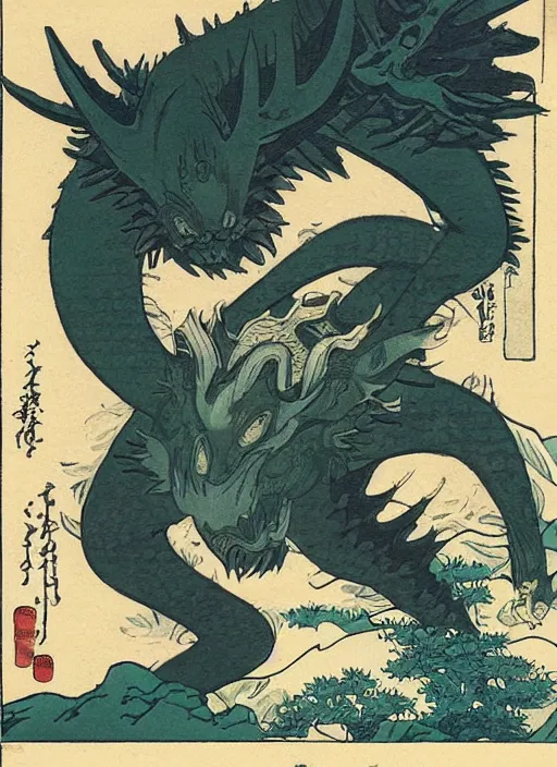 Image similar to deadly monster raising in aien forest, illustration by hokusai style