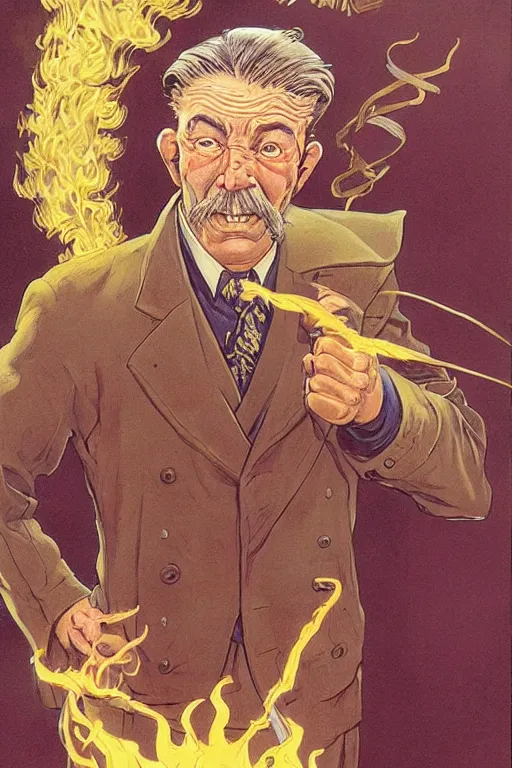 Prompt: vernon. Smug old west circus firebreather. concept art by James Gurney and Mœbius.