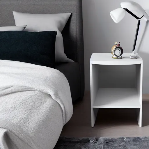 Image similar to white zen clean modern minimalist bedside table, softly lit, cool, clean, bright, spiritual vibes