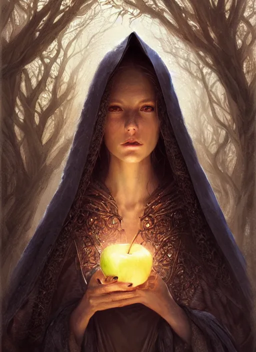 Prompt: a portrait of a woman in a hooded cloak leaning against a tree, holding an apple, looking at the viewer, fantasy digital painting, stunning, intricate details, artwork by ross tran and greg rutkowski