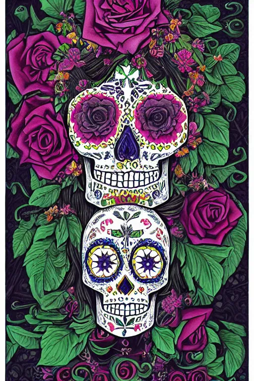 Prompt: Illustration of a sugar skull day of the dead girl, art by david a hardy