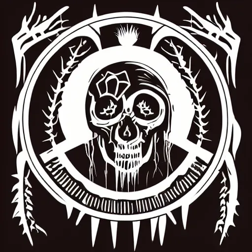 Image similar to dark death metal themed vector illustration for a record label, trees. forest, spikes, skull, microphone, skull, award winning, grunge, iconic, golden ratio