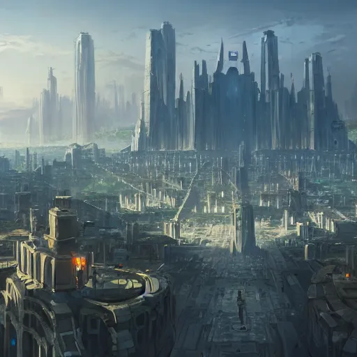 Image similar to concept art painting of an evil empires capital city with large fortress in the middle, realistic, detailed, cel shaded, in the style of makoto shinkai and greg rutkowski and james gurney