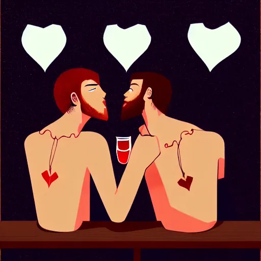 Image similar to two beautiful chad men drinking beers, many white hearts, friendship, love, sadness, dark ambiance, concept by Godfrey Blow, featured on deviantart, drawing, sots art, lyco art, artwork, photoillustration, poster art