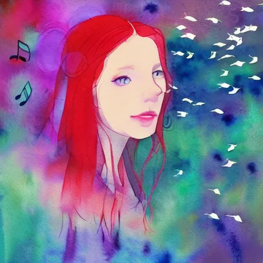 Image similar to “album cover very beautiful watercolor painting of redhead girl singing in a magic forest in a cyberpunk pixelsorting style”