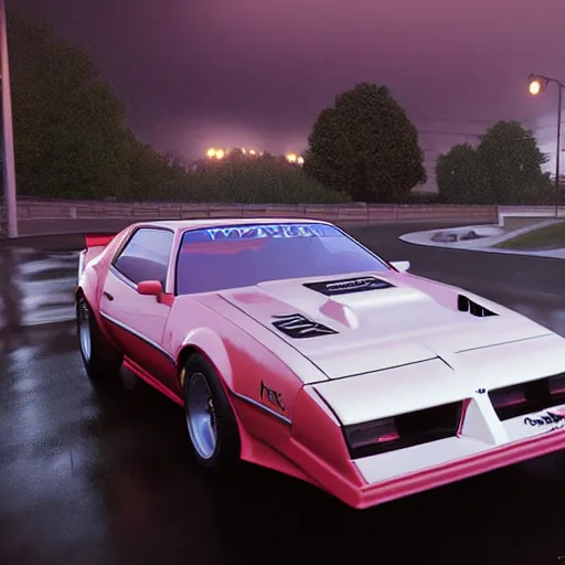 Image similar to hyperdetailed, photorealistic photograph of a 1 9 8 2 pontiac firebird trans - am drifting in the streets, rain, night, dense fog, hd, unreal engine 5 by greg rutowski, by stanley artgerm, by alphonse mucha