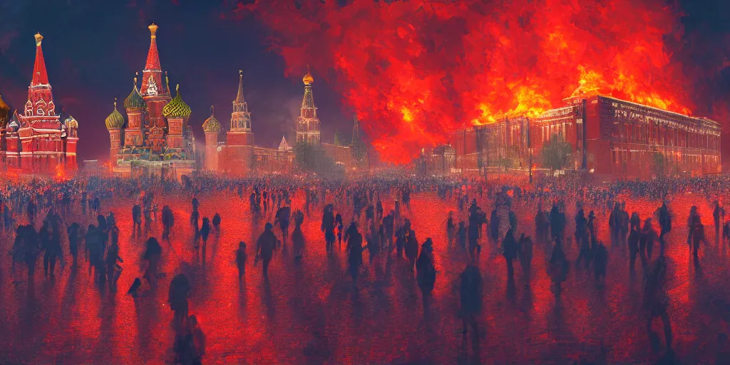 Prompt: beautiful image of burning Red Square in Moscow with fire, saturated, detailed lighting, high quality, sharp focus, intricate, digital painting, artstation, 8k