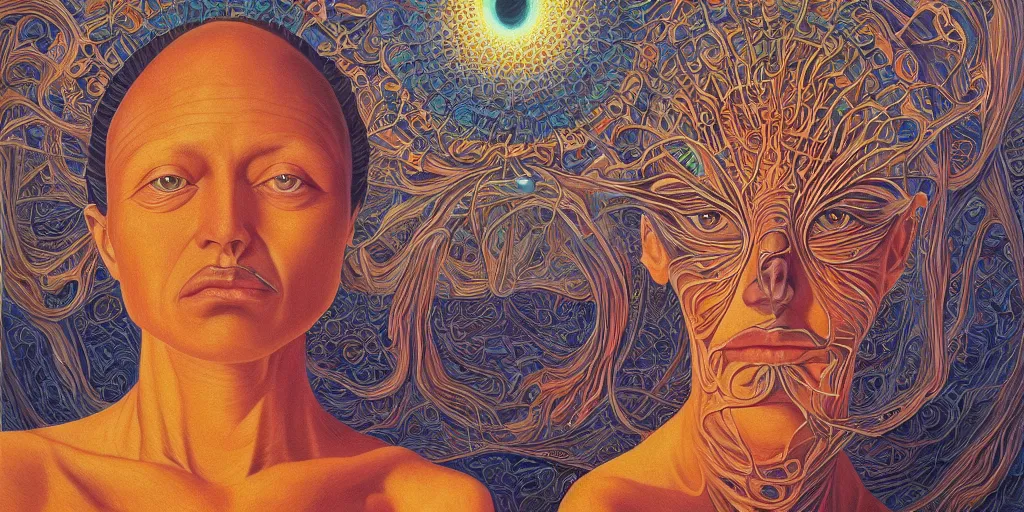 Image similar to theologue by alex grey in the style of surrealism, intricate, elegant, highly detailed, digital painting, trending on artstation, concept art, sharp focus, by rene magritte, moebius, wide shot