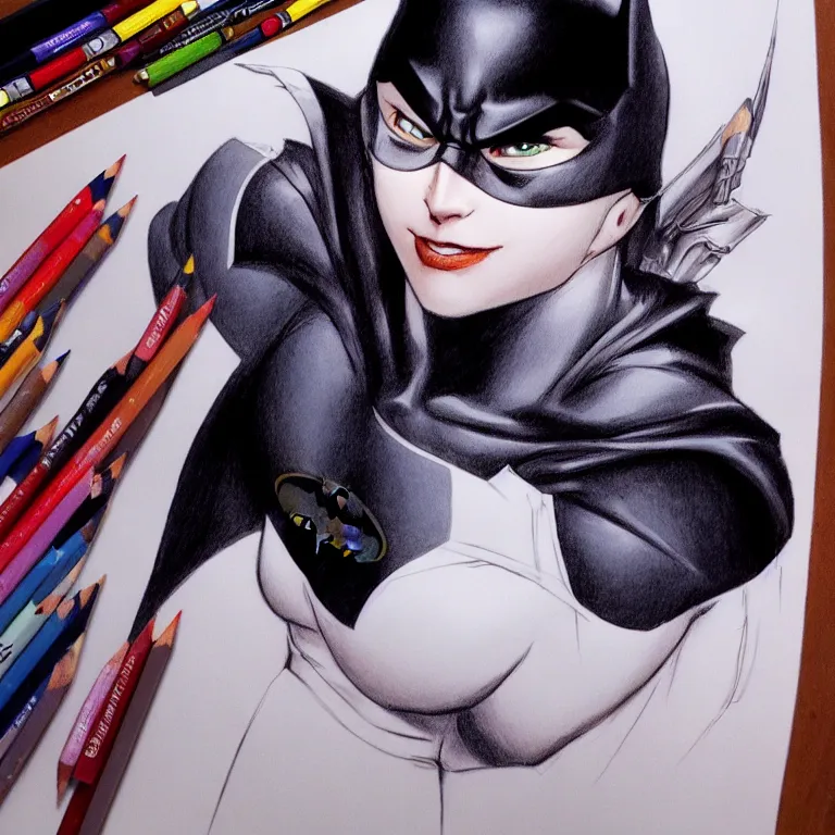 Prompt: epic beautiful color ink pencil realistic majestic drawing of batman as a cute 3 d schoolgirl hd cinematic portrait by alex ross pixar squareenix frank miller trending on flickr