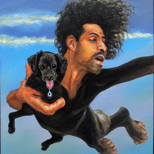 Prompt: egyptian man with long curly hair skydiving alongside small black puppy, fine art oil painting, figurative painting