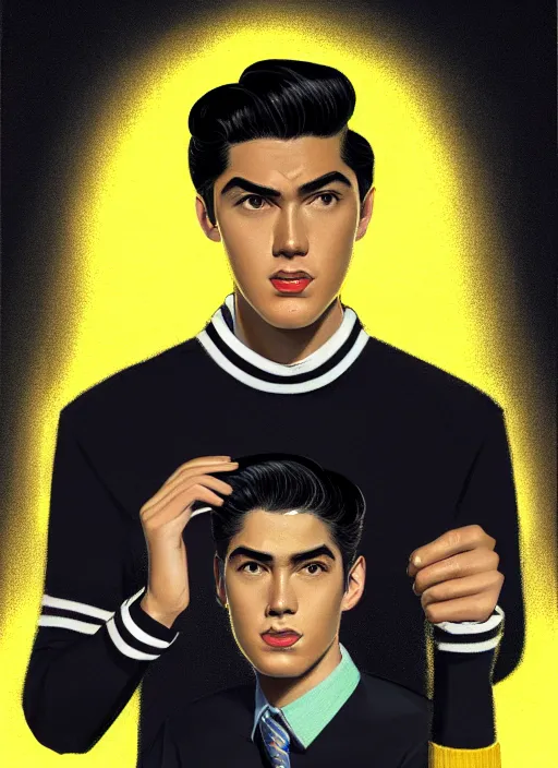 Image similar to portrait of young reggie mantle, mean smirk, egotistical, slicked back hair, striped yellow and black sweater, 1 9 5 0 s, intricate, elegant, glowing lights, highly detailed, digital painting, artstation, concept art, smooth, sharp focus, illustration, art by wlop, mars ravelo and greg rutkowski