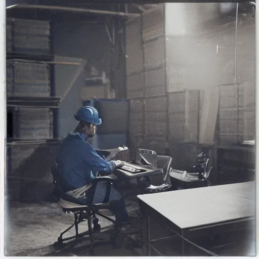 Image similar to a polaroid photo of man using a laptop inside in warehouse, he sitting on chair and small table, he's wearing blue cloth and construction hat behind him is a very scary monster, photo from behind, highly details, perfect face shape, cinematic lighting,