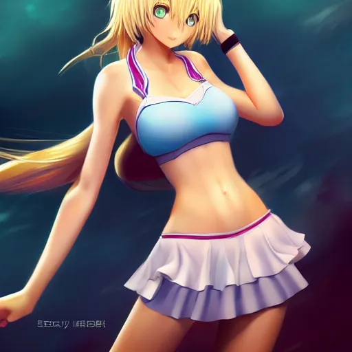 Prompt: full body shot : a very beautiful young blond tennis anime girl, most popular girl sky blue eyes,, bikini, miniskirt, highly detailed, cinematic wallpaper by stanley artgerm lau